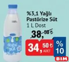 DOST %3,1 YAĞLI PASTÖRİZE SÜT 1 L